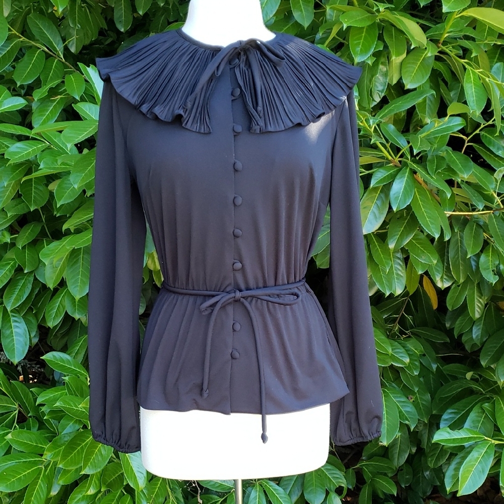 Vintage 80's Edwardian Steampunk Black Pleated Collar Blouse Goth Med-Lg